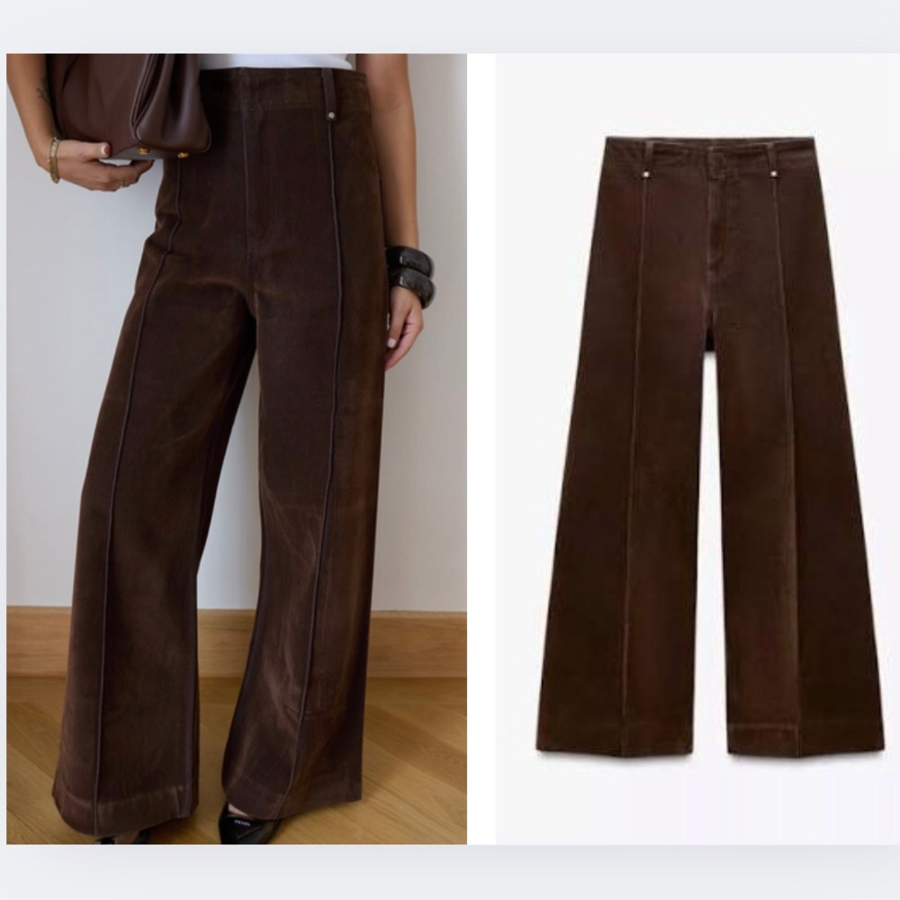 ZARA High Waist Wide-Leg Brown Flocked Jeans, brushed finish, tailored - US 8